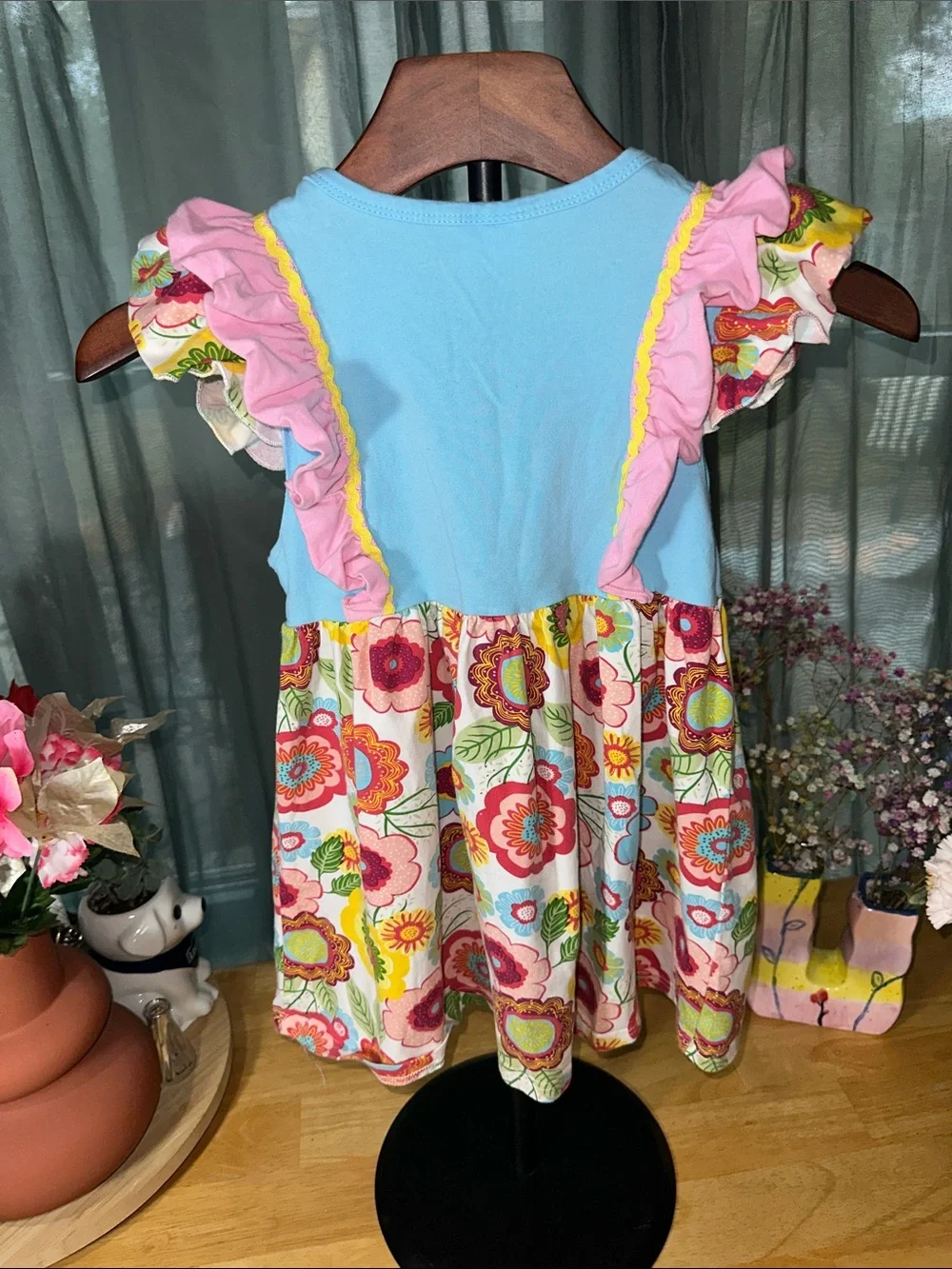 Girls Floral Ruffle Dress - Blue and Pink